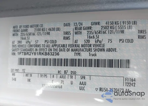 2024 Ford Transit-250 from USA, damaged, VIN 1FTBR2Y81RKB83236